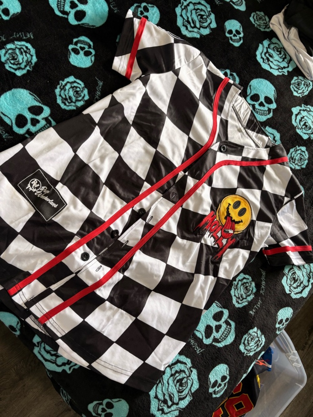 Unbranded Black & White Checkered Baseball Shirt Jacket with Red Trim